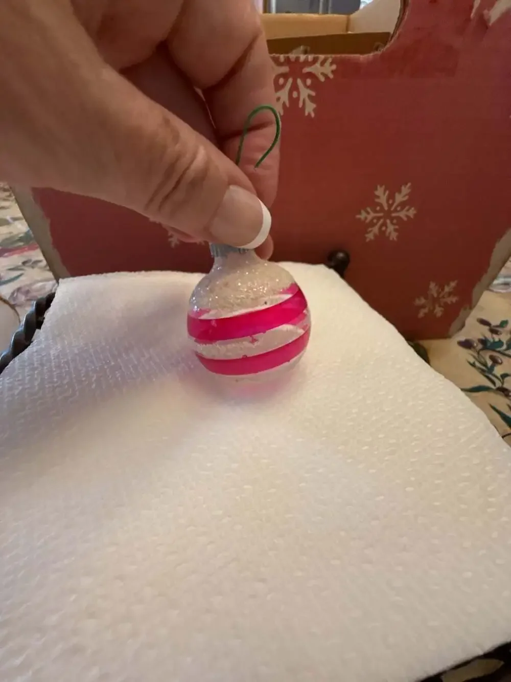 Vtg Shiny Brite Glass Christmas Ornament  Hot Pink Stripes & Mica Glitter